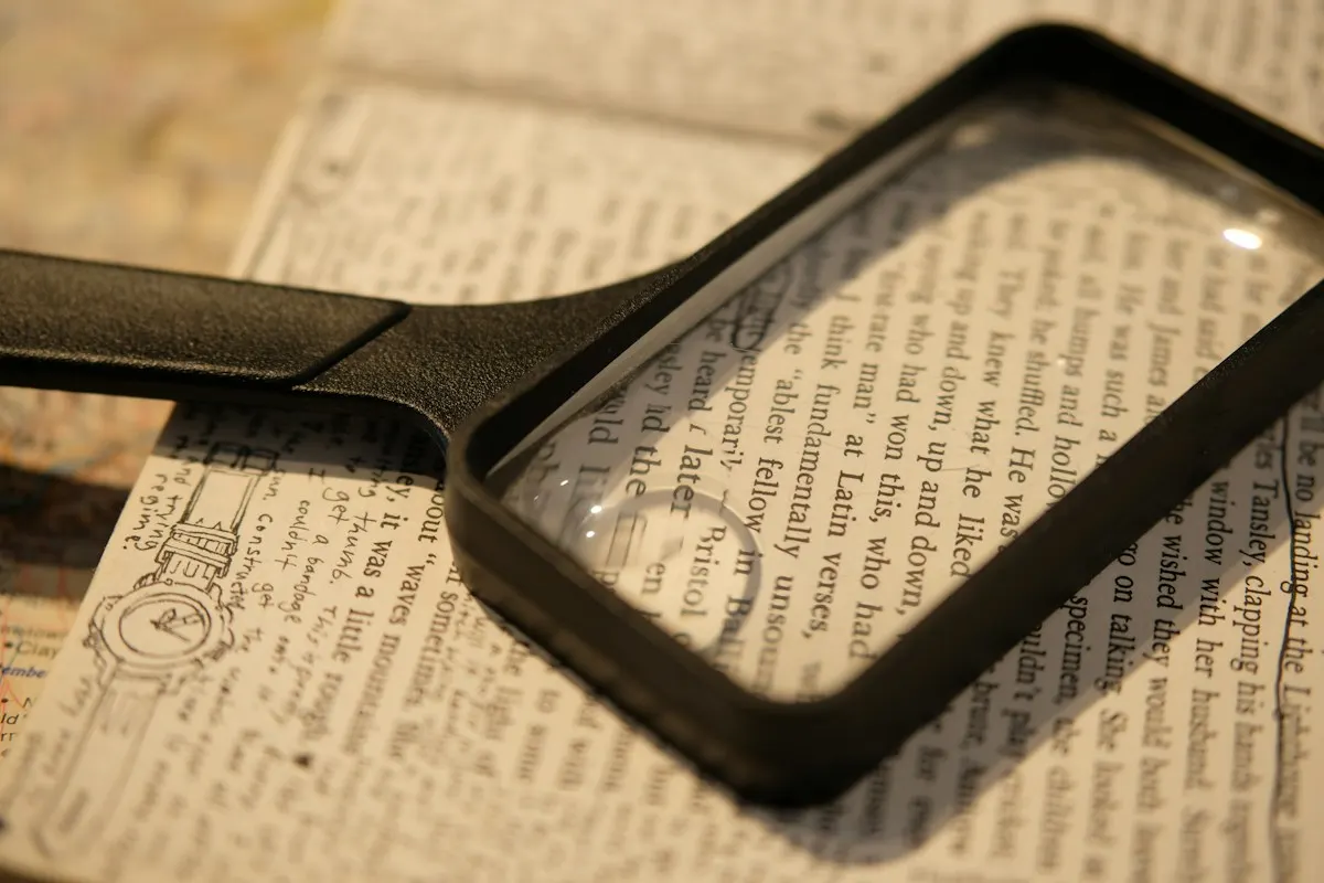 Magnifying glass resting on the page of an open book