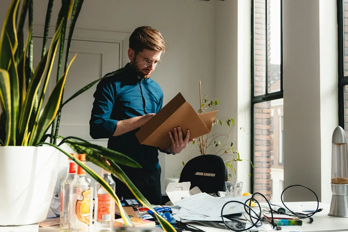 Person carrying a box through a bright office during a move