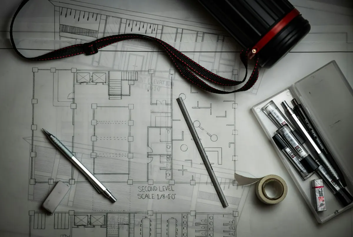 Architectural blueprints with drafting tools