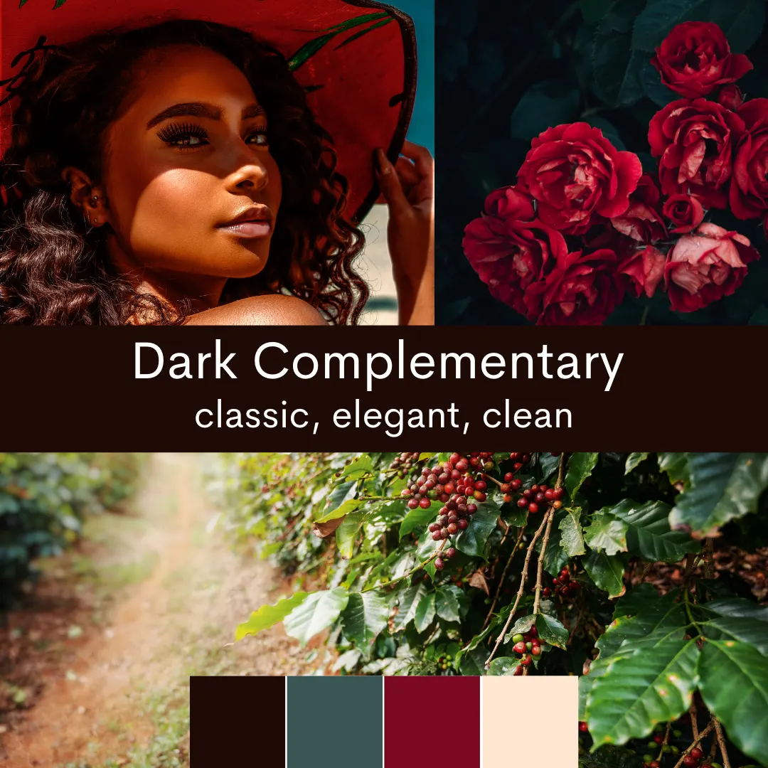 Dark complementary color scheme with burgundy, green, white, and black