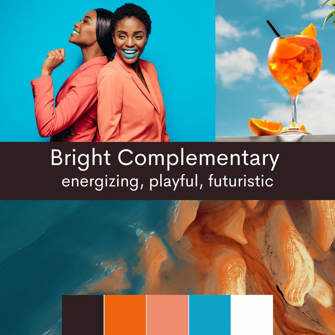This is the Bright complementary color scheme example here uses a bright orange and blue with a more muted orange, a charcoal, and a white. Example pictures with the color scheme are shown.