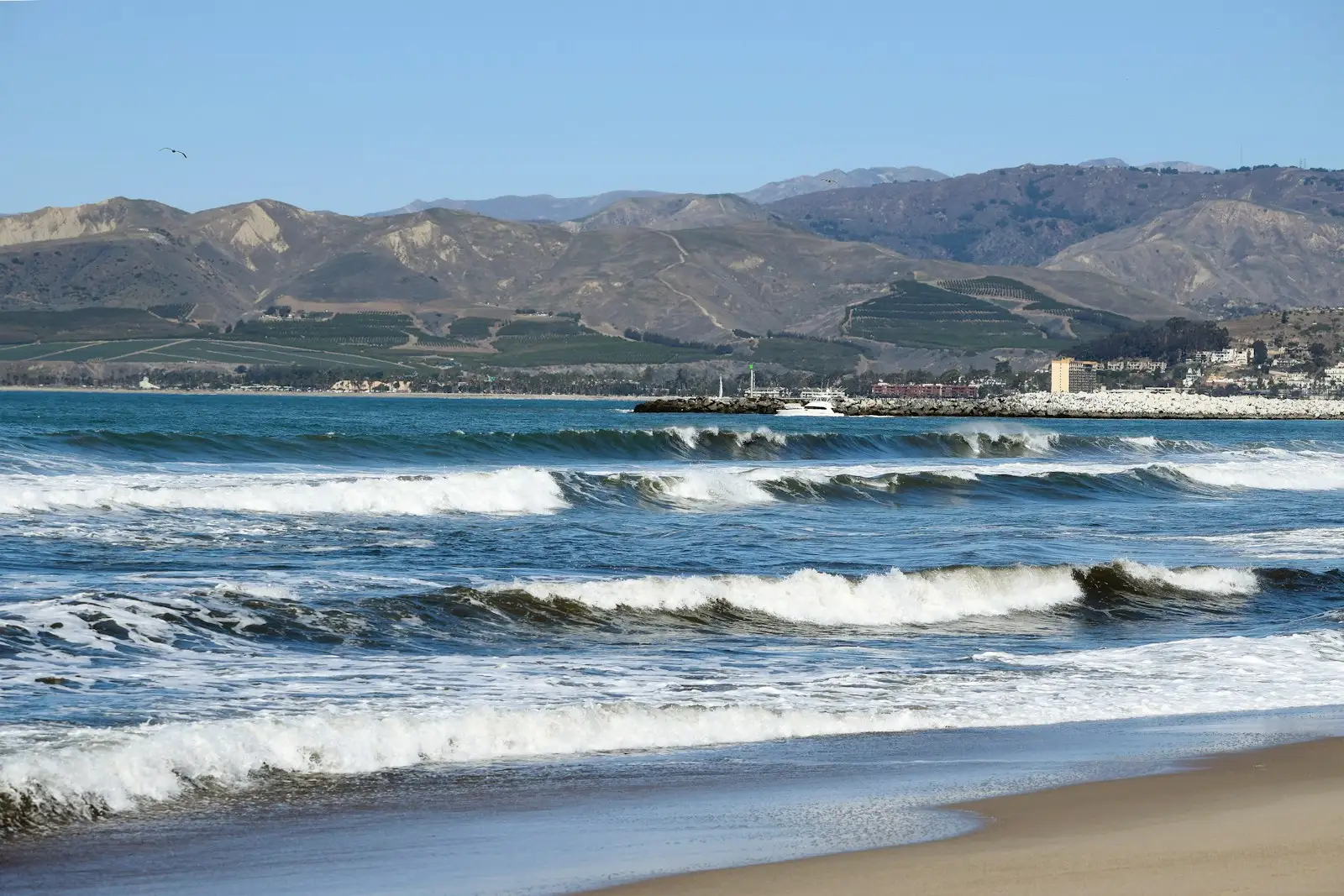 Ventura County coastline with waves and mountains