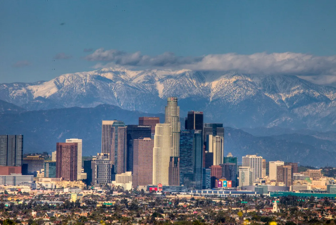 Downtown Los Angeles skyline with the San Gabriel Mountains behind it