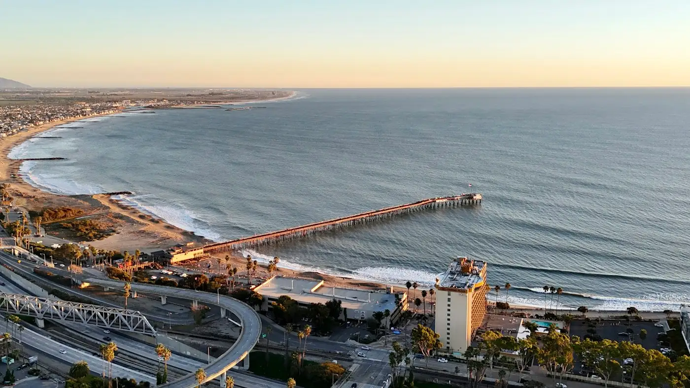 Aerial view of the Ventura Pier and coastline