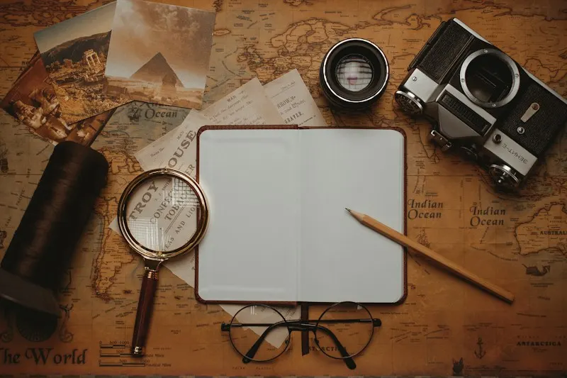 Magnifying glass, notebook, and camera on an old map