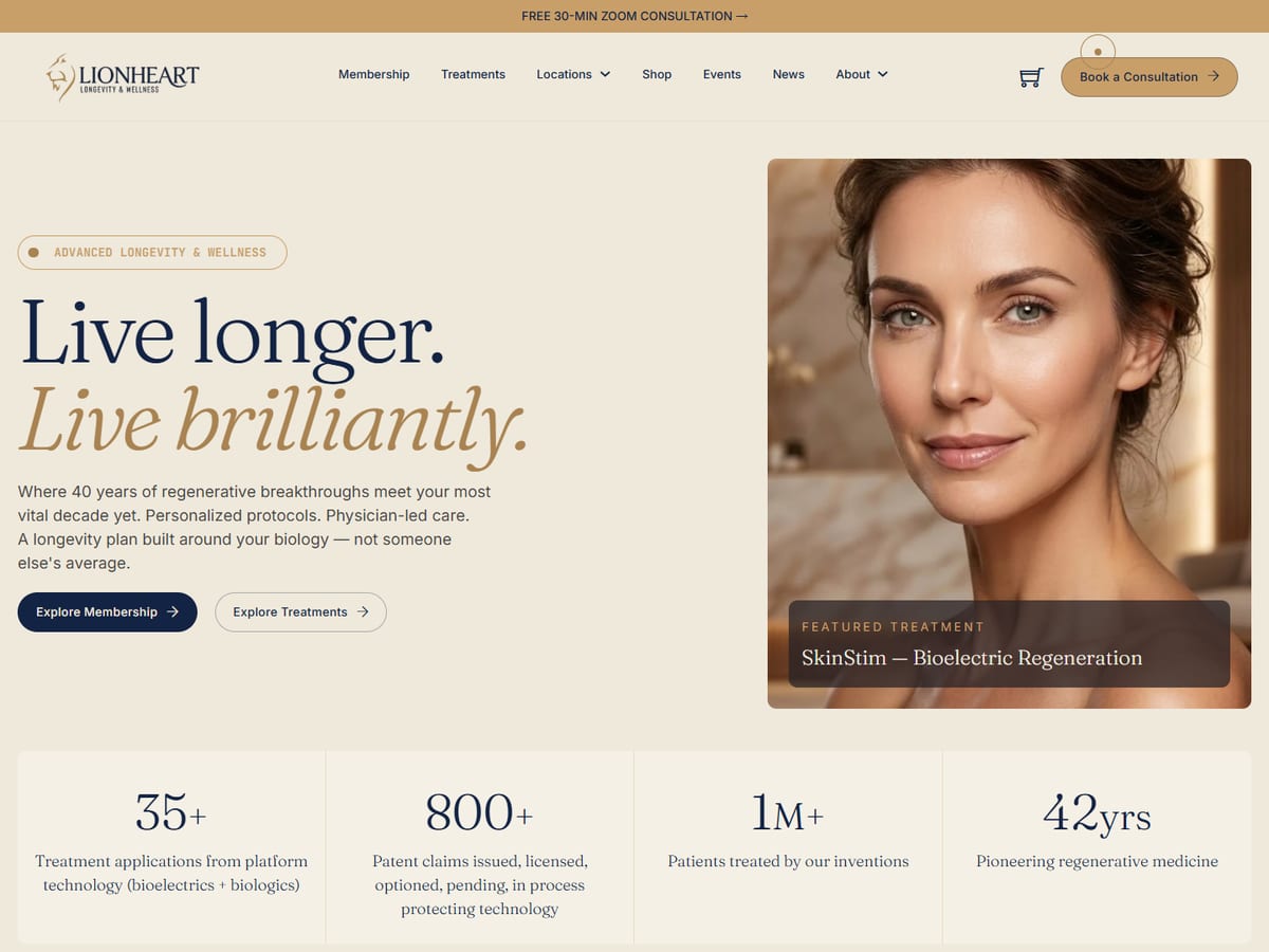 Homepage of the Lionheart Longevity website